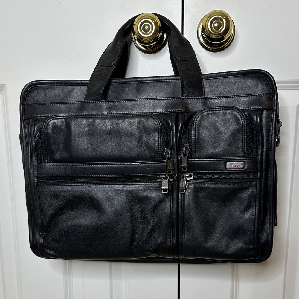 Tumi Alpha Leather Expandable Organizer Briefcase Black Laptop Bag